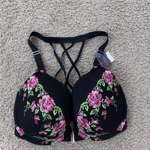 Floral Embroidered Black Front Close Bra